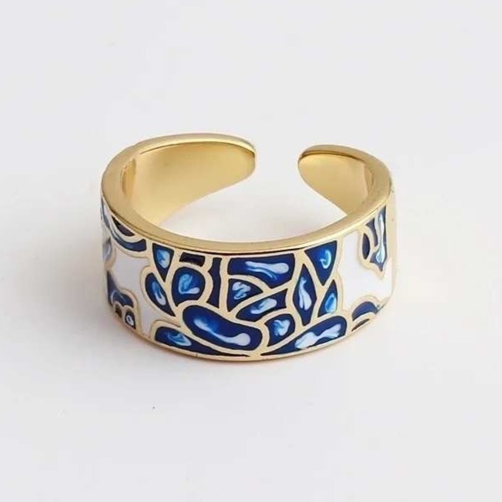 Gold Tone Adjustable Ring Blue White Enamel Pattern‎